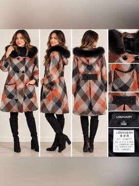 LONYUASH Plaid Wool Blend Coat Fox Fur Hood Orange Brown - small